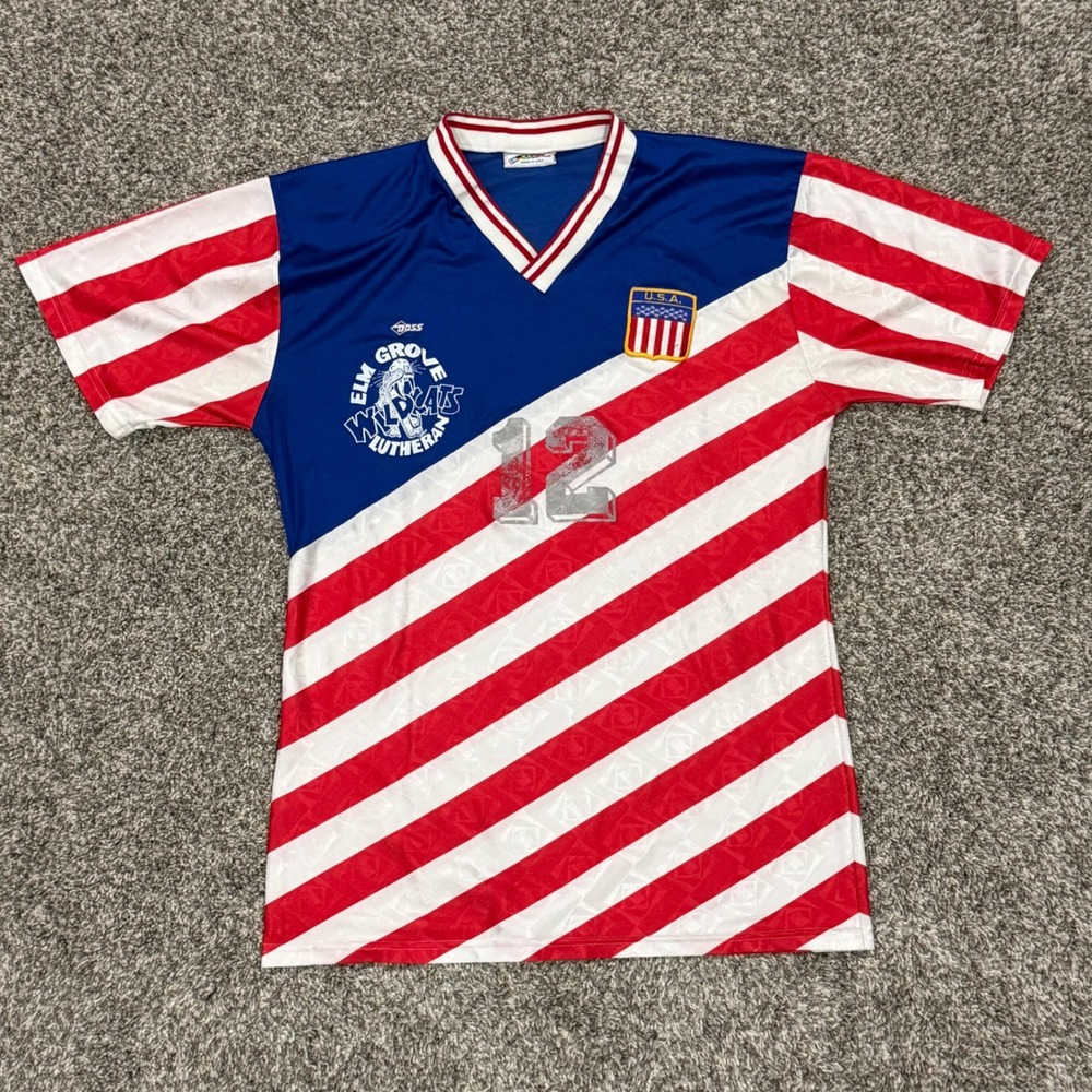 Vintage 80s USA Soccer Kit Jersey Mens L Red White Blue Elm Grove Wildcats Retro